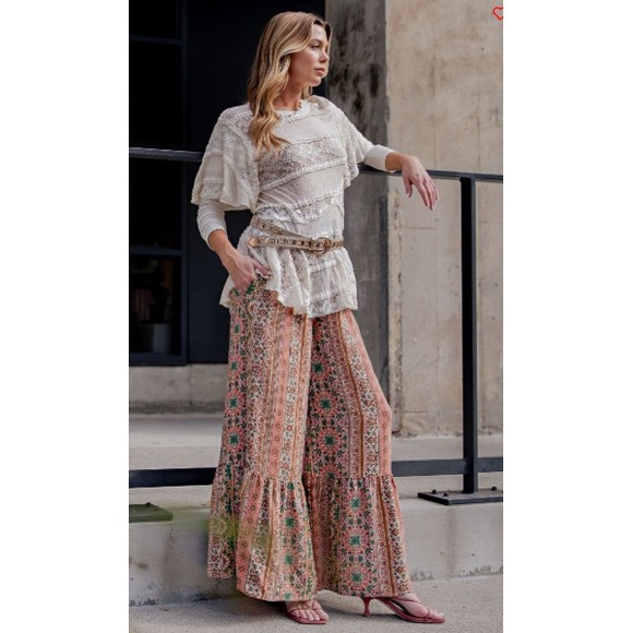 EASEL Printed Ruffle Wide Leg Pants Boho Western Size L NEW - Picture 2 of 6